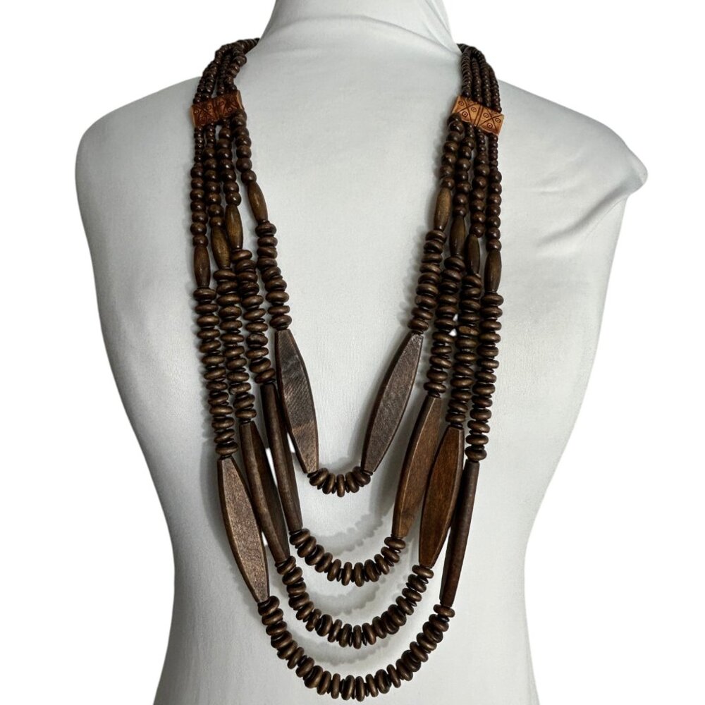 Wood Bead Necklace Multi Strand Brown Tribal Boho Statement Long Ethnic Boho